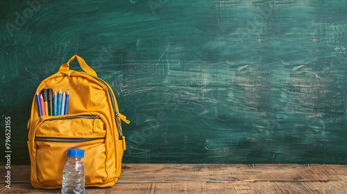 Yellow school backpack with stationery and bottle 