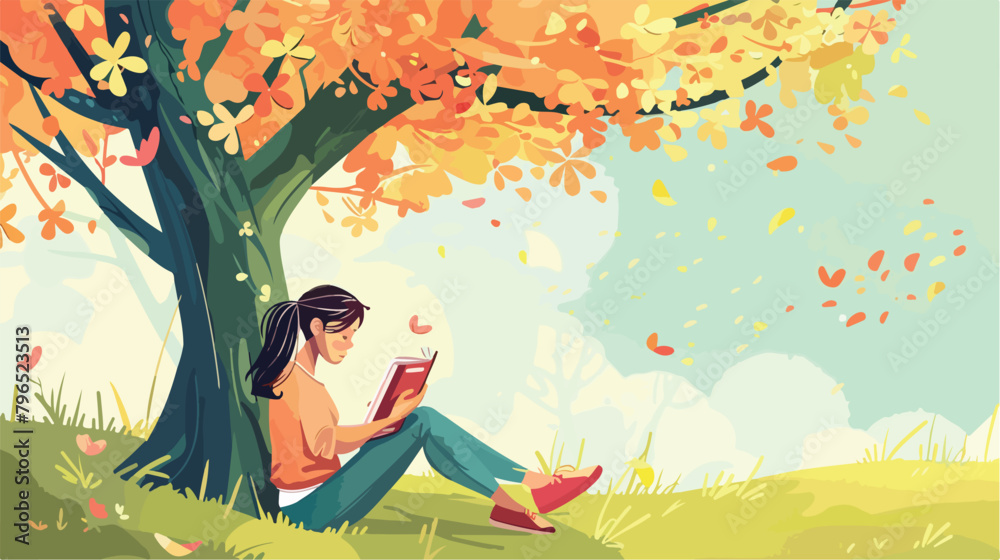 Woman reading book under the tree in spring. Cute vector