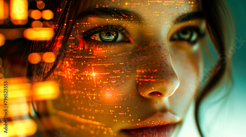 Close-up of a digital female face in cyberspace. Copy space