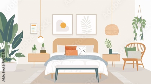 The Illustration Depicts A Modern Cozy Bedroom With Aesthetic Furnishings.
