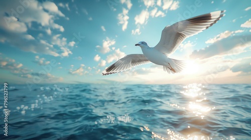 Graceful Seagull Soaring Over Tranquil Waters. Generative AI