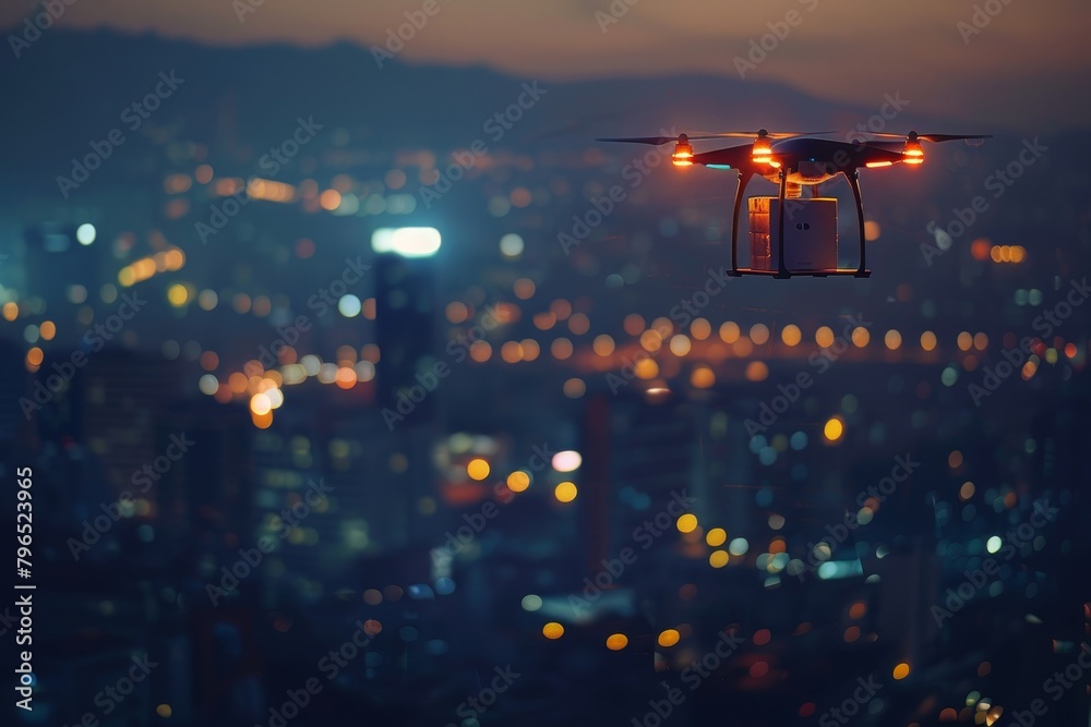 Urban Night Flight: Drone Delivery Over City Lights Urban Night Flight: Drone Delivery Over City Lights
