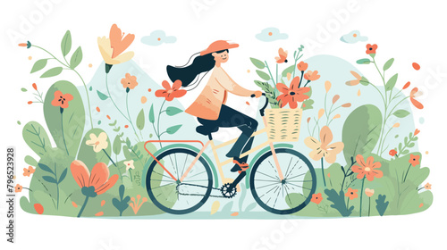 Woman riding a bike in spring with flowers in the bas