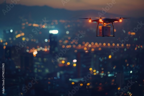 Urban Night Flight: Drone Delivery Over City Lights photo