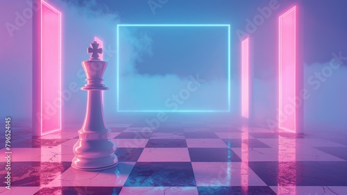 A chess piece in neon light. Board game. A competitive concept. Fashionable colors