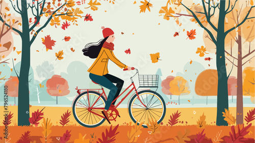Woman riding bike in autumn. Vector illustration 