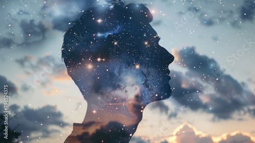 A double exposure image of a man looking up at a starry sky that overlays the image. Showing freedom.