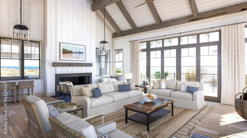 A living room filled with various furniture pieces like sofas, chairs, and tables, centered around a roaring fireplace