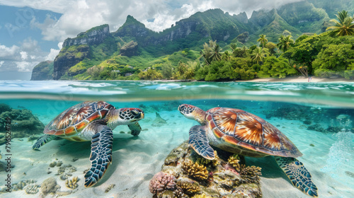 Two turtles, one larger and one smaller, are gracefully swimming in the deep blue ocean waters photo