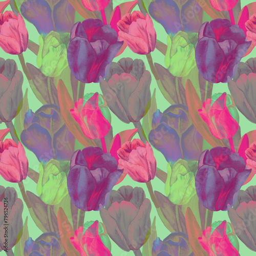 Watercolor hand drawn purple flowers in seamless pattern. Pink and yellow tulips background. Design for fabric, surfaces, covers, packaging, bed sheets. Pattern in modern pink shades, floral theme.  (ID: 796524736)