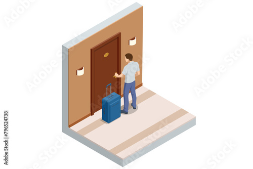 Isometric Interior of a hotel corridor, a man checks into a hotel room. A tourist with a suitcase enters a hotel room and opens the room door with an electronic key.