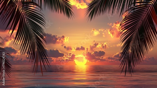 Tropical Sunset Paradise with Silhouetted Palm Leaves