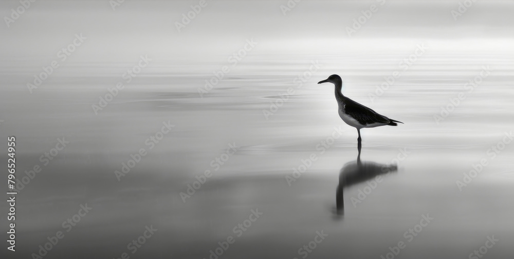 Fototapeta premium A black and white bird stands in the water