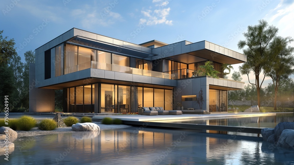 Fototapeta premium A Modern House With A Swimming Pool And Mountain View In The Background. 