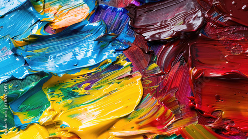 A detailed view of vibrant paint splatters in various hues, creating a colorful and dynamic composition