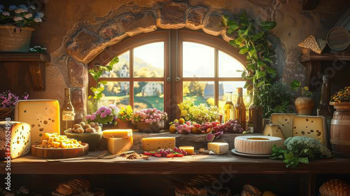 cozy countryside kitchen with fresh baked goods and blooming flowers by the window photo