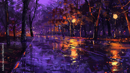 Violet and orange hues mix on wet asphalt in an expressionist oil painting of a lonely night park scene   
