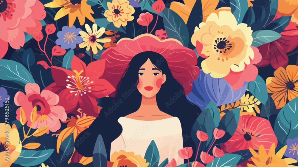 Woman surrounded by giant flowers Vector illustration