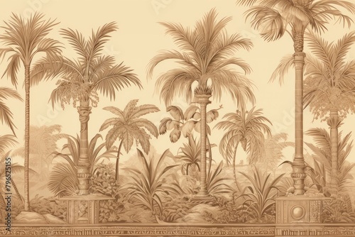 Solid toile wallpaper with palm drawing sketch plant.