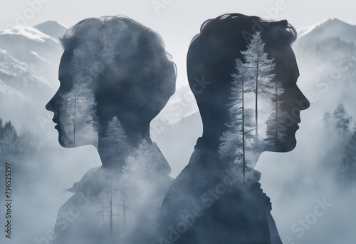 Double exposure profile portrait of a man and a woman, adorned with forest and trees. Poster, collage, art.
