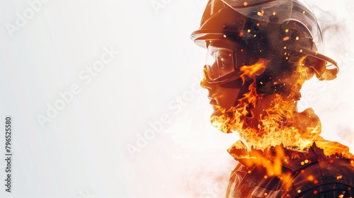 The double exposure image of a firefighter, looking forward, over the flames of a fire that superimposes the image. Showing courage and loyalty in their profession.