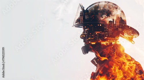 The double exposure image of a firefighter, looking forward, over the flames of a fire that superimposes the image. Showing courage and loyalty in their profession. photo