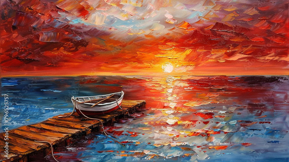 Obraz premium Impressionistic oil painting of a boat and jetty at sunset with vivid color reflections.