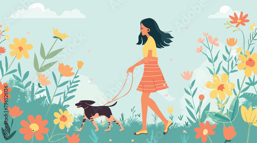 Woman walking dog in spring with flowers. Landing pag photo