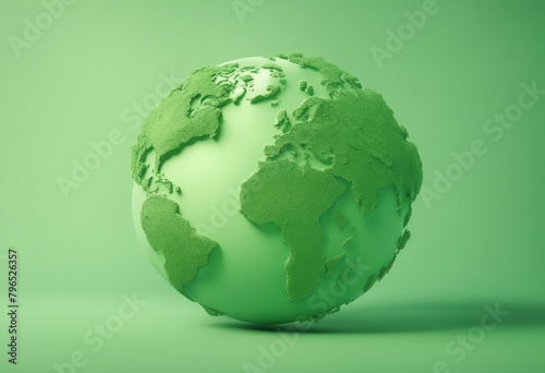 Green globe of planet Earth on green background copy space, AI generated