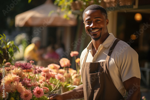 Happy man florist arranges flowers in a bouquet in the middle of a flower shop