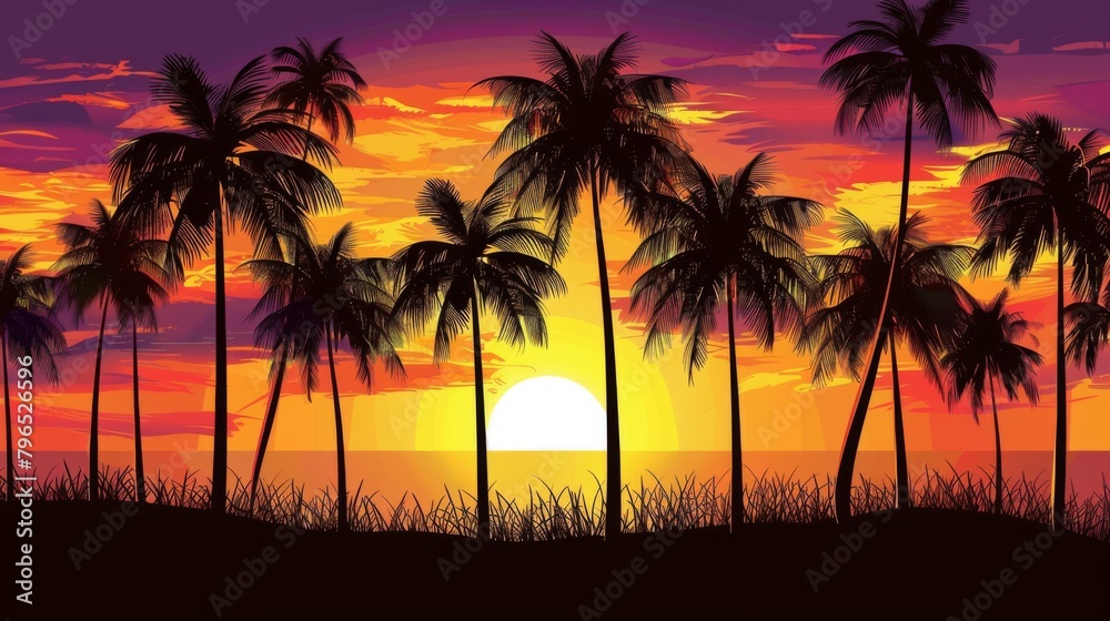 Tropical Sunset Silhouette with Palm Trees and Vibrant Sky