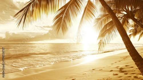 Serene Tropical Beach Sunset with Golden Light and Palm Trees
