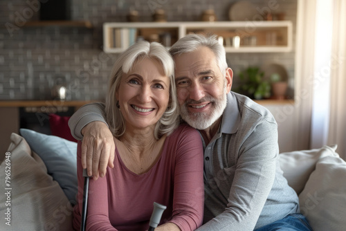 A cheerful senior family couple, the husband and wife, resting on the sofa in their living room at home, with a crutch by their side. The retired man and woman, both sporting gray hair
