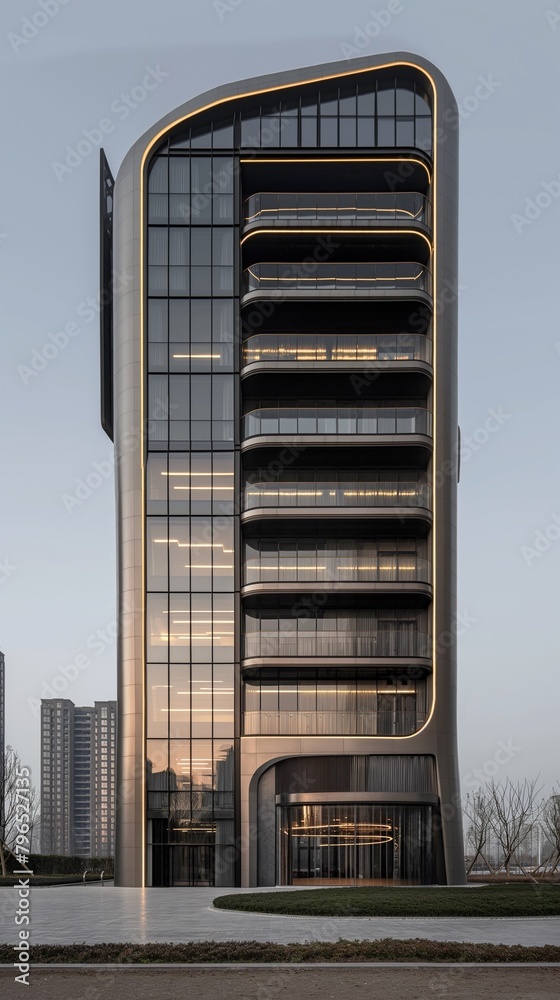 A Modern, High-Rise Commercial Building With A Curtain Wall Facade.