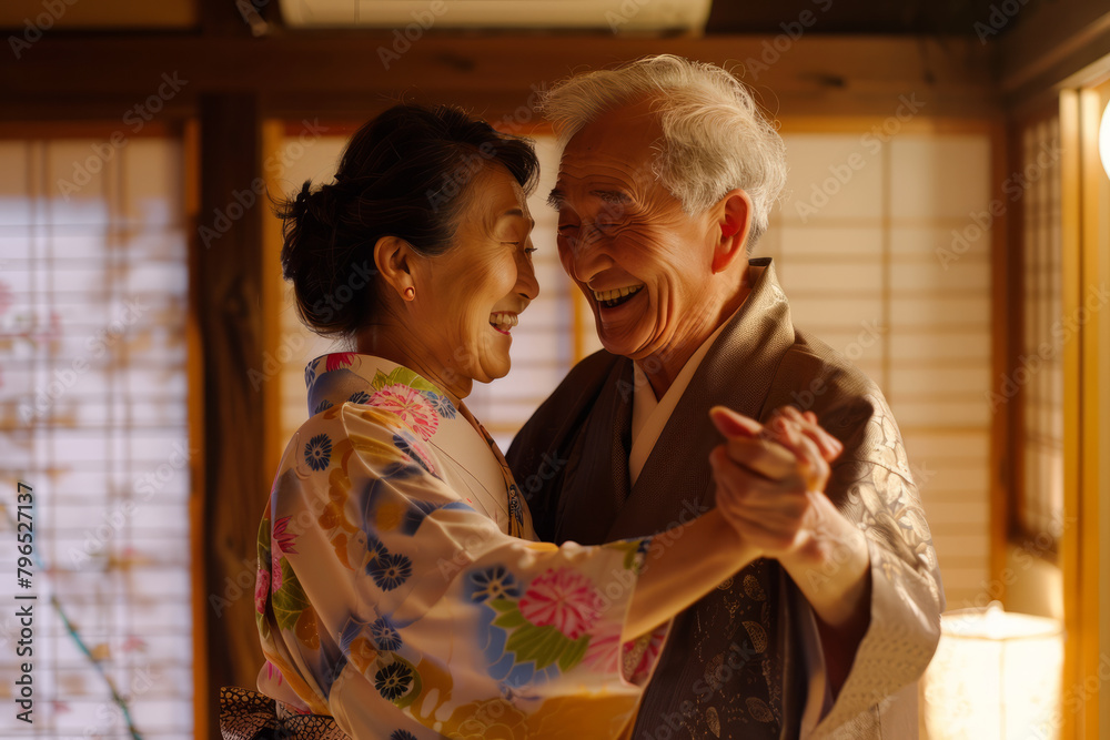 A happy Japanese elderly pair, husband and wife, gleefully dance in their home's warm ambiance, enjoying each other's company and creating lasting memories of joy and affection. A happy Japanese elderly pair, husband and wife, gleefully dance in their home's warm ambiance, enjoying each other's company and creating lasting memories of joy and affection.