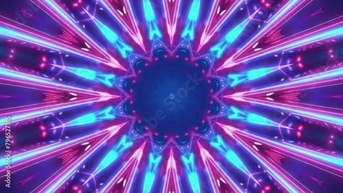 Mesmerizing seamless looping animation of an abstract saber neon light kaleidoscope mandala, designed to captivate in 4k resolution. photo