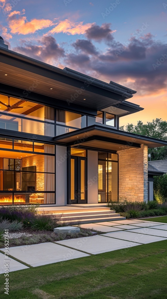A Vertical Image Of A Modern House With A Flat Roof And Huge Windows.