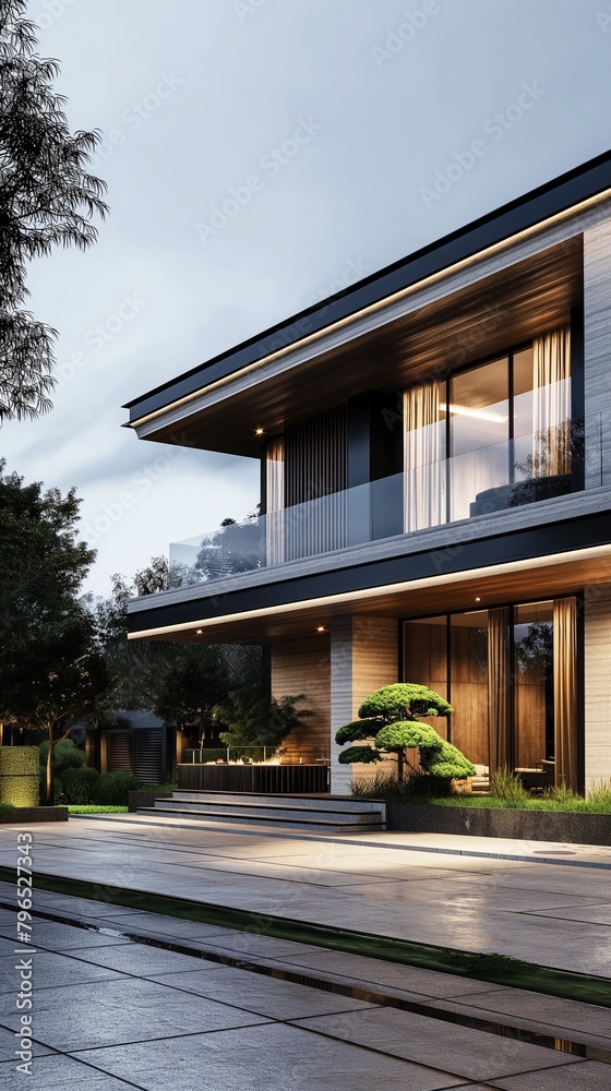 A Vertical Image Of A Modern House With A Flat Roof And Huge Windows.