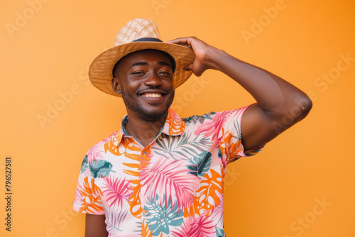 A man radiating happiness in summer attire, cheerfully tipping his hat in greeting against an orange background. This picture captures the essence of a joyful summer vacation moment. photo