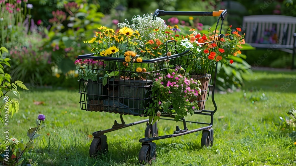 Repurposed Shopping Cart Transformed into Blossoming Garden Planter in Lush Backyard