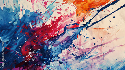 Expressive splashes of watercolour paint dancing across the canvas, evoking a sense of dynamic movement and energy against a backdrop of bold, contrasting paint strokes. photo