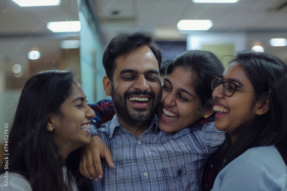 Obraz premium Indian colleagues embracing in a collaborative office setting, exemplifying teamwork.