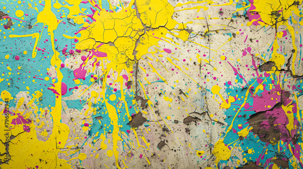 Intricate patterns of lemon yellow, cerulean, and raspberry paint splatters and swirling textures, 