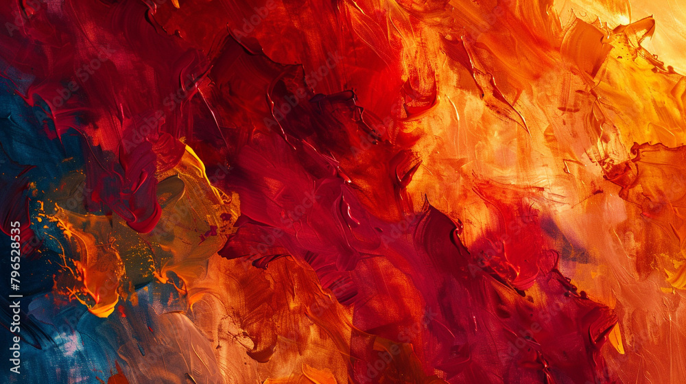 Layers of fiery crimson, goldenrod, and cobalt blending together in an intense abstract paint composition.