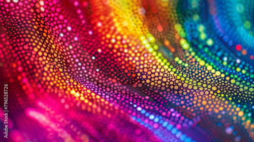 A magnified view of a microLED display showing the use of quantum dot technology to achieve a wider color gamut. The dots ranging in size and emitting different colors create