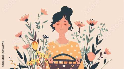 Woman with spring flowers in basket. Landing page tem