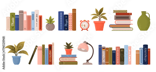 isolated stack and piles of various books. World book day. Vector set of educational books, plants, alarm clock, lamp. Grainy illustrations on white background for book festival, store, book fair.