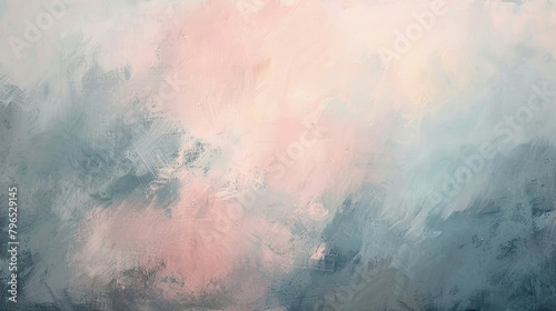 Gentle yet chaotic grunge abstract oil painting blends pastel pink with soft grey, suitable for serene displays. photo