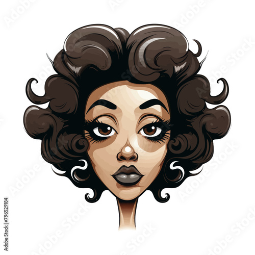A close-up of a womans face with curly hair.