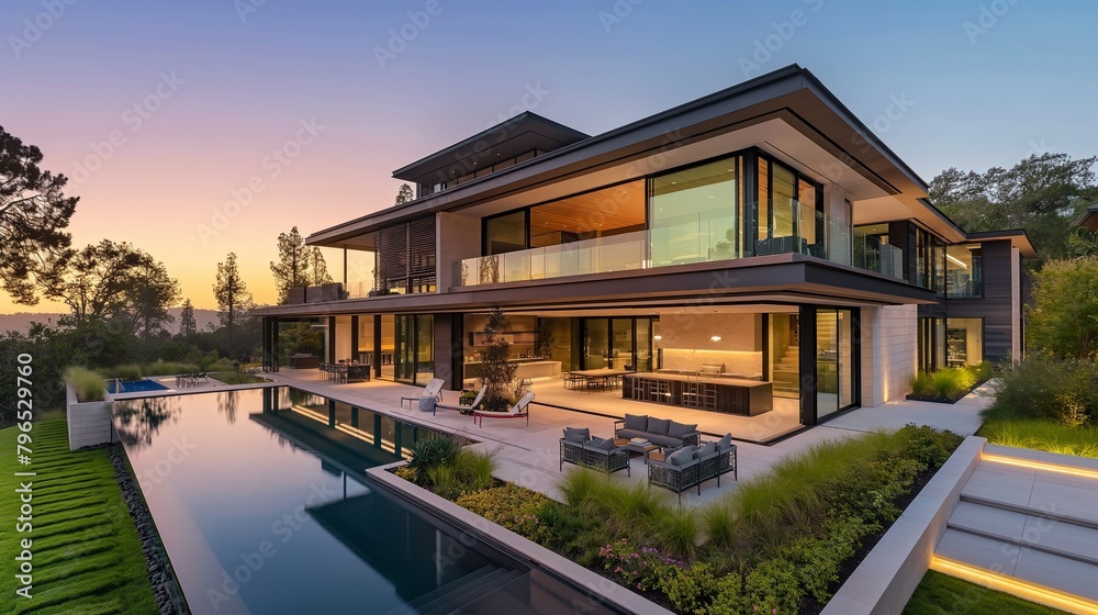 A Modern Home With Floor-To-Ceiling Windows And A Natural Landscape.